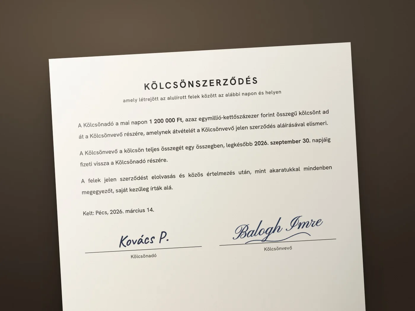 Magyar nyelvű kölcsönszerződés, a szöveg alatt kézzel írt aláírásokkal